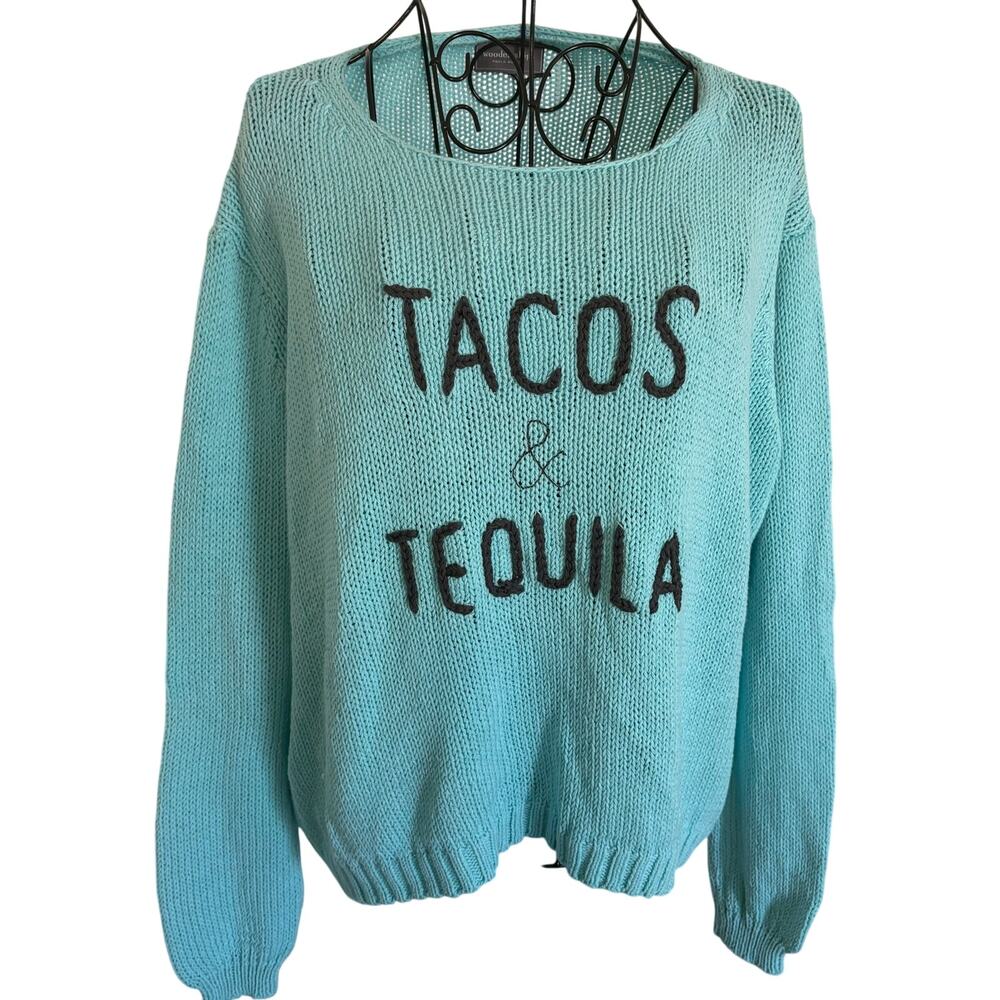 Anthropologie Wooden Ships Tacos & Tequila Cotton Knit Sweater Embroidered Aqua